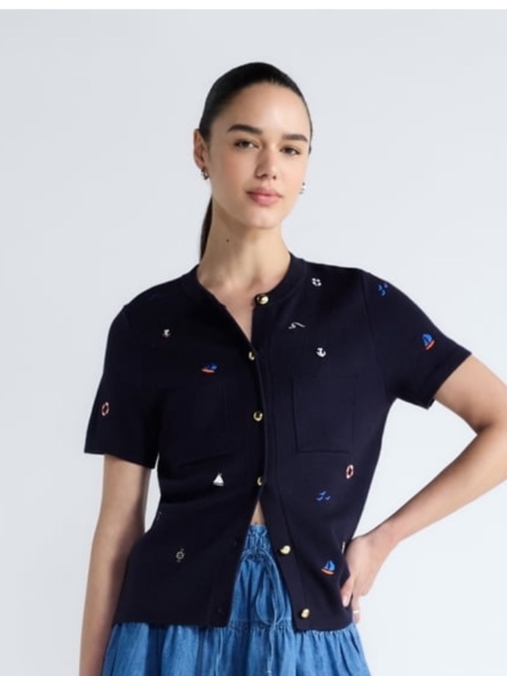 Free Assembly Nautical Navy Button Front Short Sleeve Cardigan Size Medium